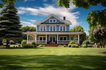 Fototapeta na wymiar American Style Country House on a Striking Summer Day with Blue Sky
