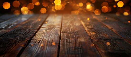 Shiny lacquered old wood against a bokeh background.