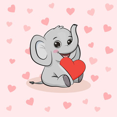 Cute cartoon elephant sitting with red heart isolated on pink background with hearts. Postcard for Valentine's Day, Mothers day. Vector illustration