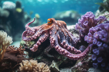 Obraz premium vibrant colored octopus in a tropical Cove grabbing a fish with its tentacles