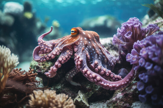 
vibrant colored octopus in a tropical Cove grabbing a fish with its tentacles