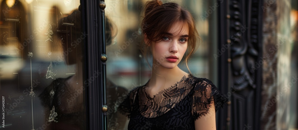 Poster european model posing stylishly in black dress by a shop window; reflecting elegance and fashion tre