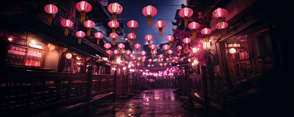Pink lanterns adorn the walkway, Fictional Character Created by Generated AI.