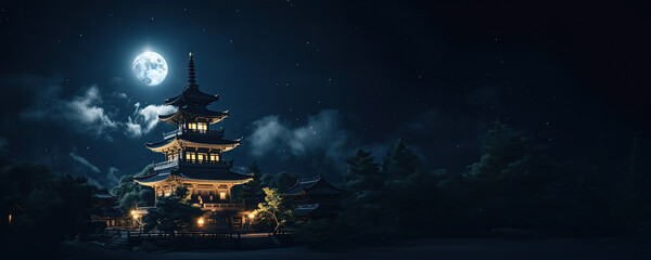 Moonlit Japanese Temple at Night, Fictional Character Created by Generated AI.