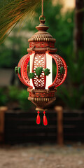Oriental Red Pagoda-Style Light with Turtle Decoration, Fictional Character Created by Generated AI.
