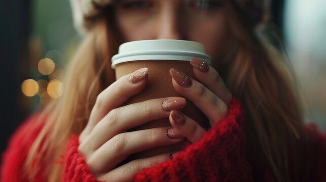 A woman is pictured wearing a red sweater while holding a cup of coffee. This image can be used to depict relaxation, cozy moments, and enjoying a warm beverage