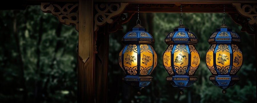 Oriental lanterns hanging in a row - artistic display of Chinese lanterns