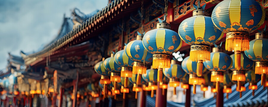 Colorful Asian lanterns adorn the ceiling