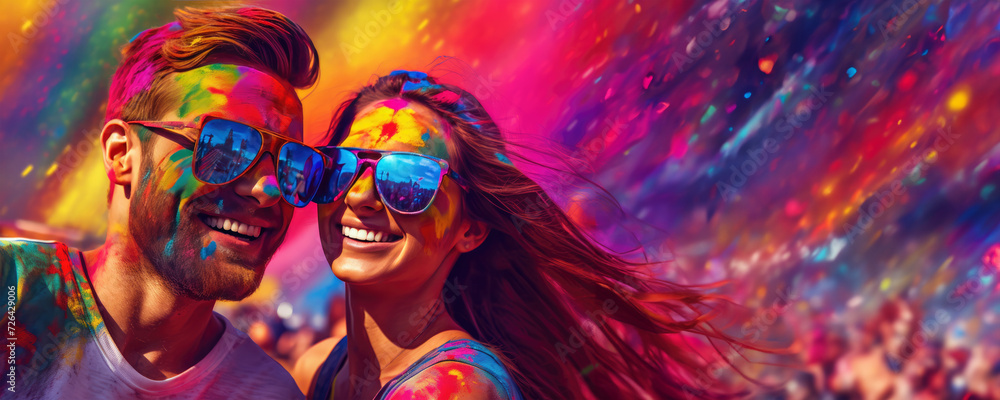 Wall mural A Happy Couple Celebrating Holi Festival with Colored Powder and Sunglasses, Fictional Character Created by Generated AI.