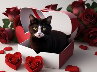 Close-up of a kitten in a box with red roses. A gift for Valentine's day, birthday or women's day.