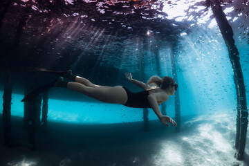 Freediver lady swimming underwater under the pier in blue ocean with sun rays.