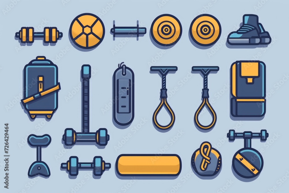 Poster a collection of various types of equipment on a vibrant blue background. versatile and suitable for 
