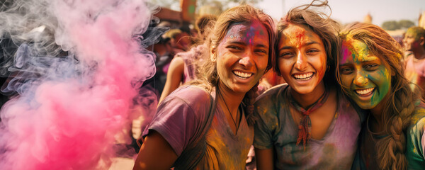 Fototapeta premium Three friends having a colorful time at a festival, Fictional Character Created by Generated AI.