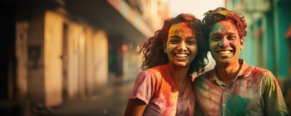 A young couple poses for a photo booth picture with colorful paint splattering their faces and arms. Fictional Character Created by Generated AI.