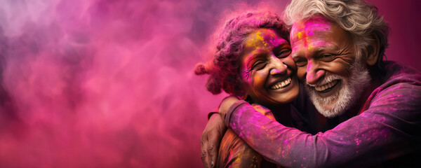 Old couple embracing each other with powder paint on their faces, celebrating a festival of colors. Fictional Character Created by Generated AI.
