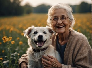 Beautiful elderly woman smiling happy with her cute adorable dog from Generative AI