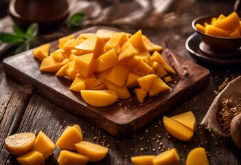 AI generated illustration of slices of mangoes on wooden cutting board - obrazy, fototapety, plakaty