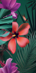 Tropical flowers in vivid red and purple hues with lush green foliage on a deep green background. Phone wallpaper.
