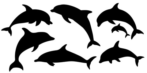 Dolphin vector isolated on white background illustration, sea fish, swimming flipper dolphins, 
dolphin pair silhouette.