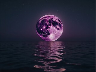 A beautiful purple moon with glowing reflection on the water of the ocean from Generative AI