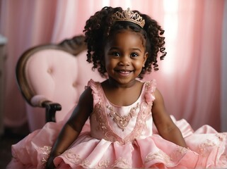 Adorable smiling happy black african baby girl dressed as a princess in pink dress from Generative AI