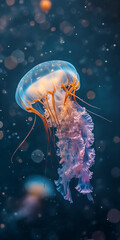 Vibrant orange jellyfish swimming in a sparkling blue sea with magical bokeh lights. Phone wallpaper.