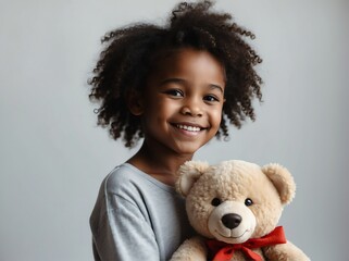 Smiling young black african girl with a cute adorable teddy bear on plain white background from Generative AI