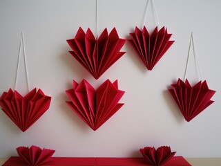 Red hearts for Valentine's Day, origami cards made of red paper. An origami heart on a white wall. Origami heart, voluminous paper postcards.