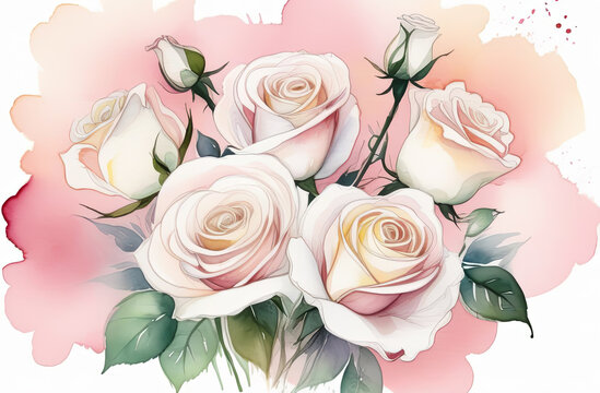 Background of a bouquet of white roses painted with watercolors