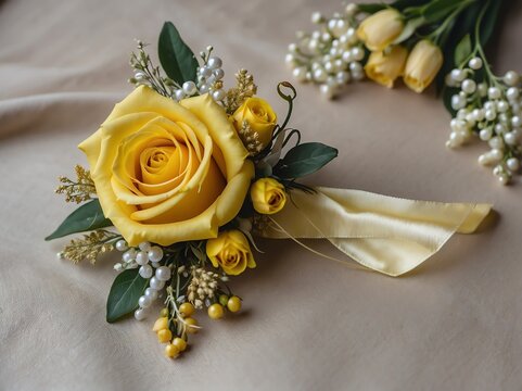 Set of yellow themed corsage for prom or wedding occassions from Generative AI