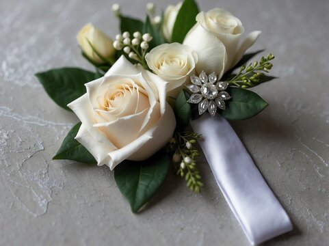 Set of white themed corsage for prom or wedding occassions from Generative AI