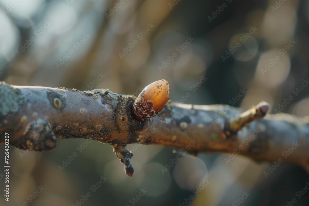 Poster a close-up photograph of a branch with a single nut attached. this image can be used to illustrate n