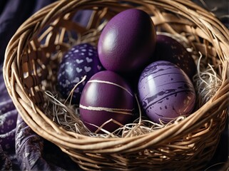 Obraz premium Purple easter eggs in a wicker basket from Generative AI