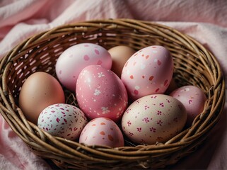 Obraz na płótnie Canvas Pink easter eggs in a wicker basket from Generative AI