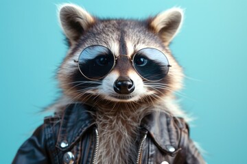 Obraz premium A stylish raccoon wearing sunglasses and a leather jacket. Perfect for fashion or wildlife-themed projects