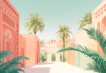 Minimalist illustration of mosque in light tone pastel, ramadan, eid background, architecture