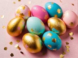 Fototapeta na wymiar Colorful easter eggs with spring gold themed confetti from Generative AI