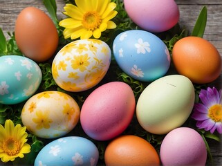 Fototapeta na wymiar Colorful easter eggs with spring flowers from Generative AI