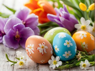 Obraz na płótnie Canvas Colorful easter eggs with spring flowers from Generative AI