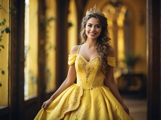 Naklejka premium Beautiful young woman smiling happy dressed as a princess in yellow dress from Generative AI