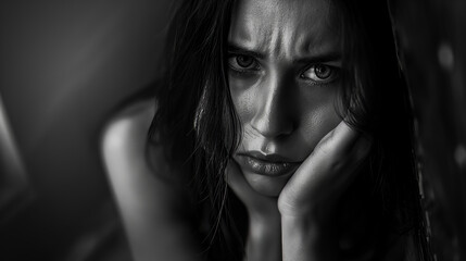 Black and white portrait of a sad girl. Depression psychological health concept.