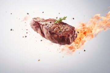 Delicious grilled beef steak with spices flying on light background. Food levitation.
