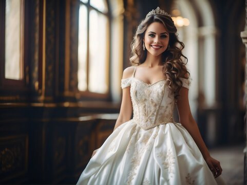 Beautiful young woman smiling happy dressed as a princess in white dress from Generative AI