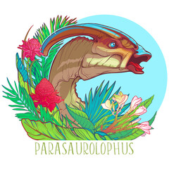 Parasaurolophus head, surrounded by the lush tropical plants and flowers. Dinosaurus is trumpeting. Linear drawing vividly colored and isolated on a white. Paleoart vector illustration.
