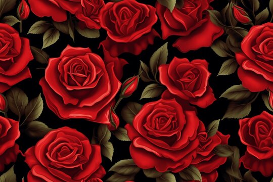 Seamless flower pattern illustration. Red roses and leaves background.
