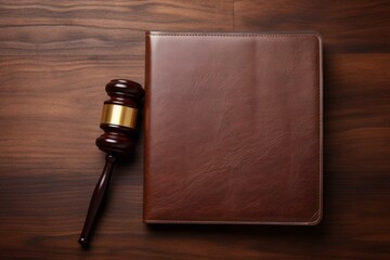 Wooden gavel and leather folder on brown wooden background. Generative AI