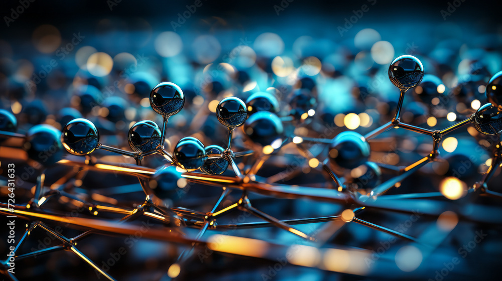Poster nanotechnology structure with spherical molecules on a hexagonal grid, representing advanced scienti