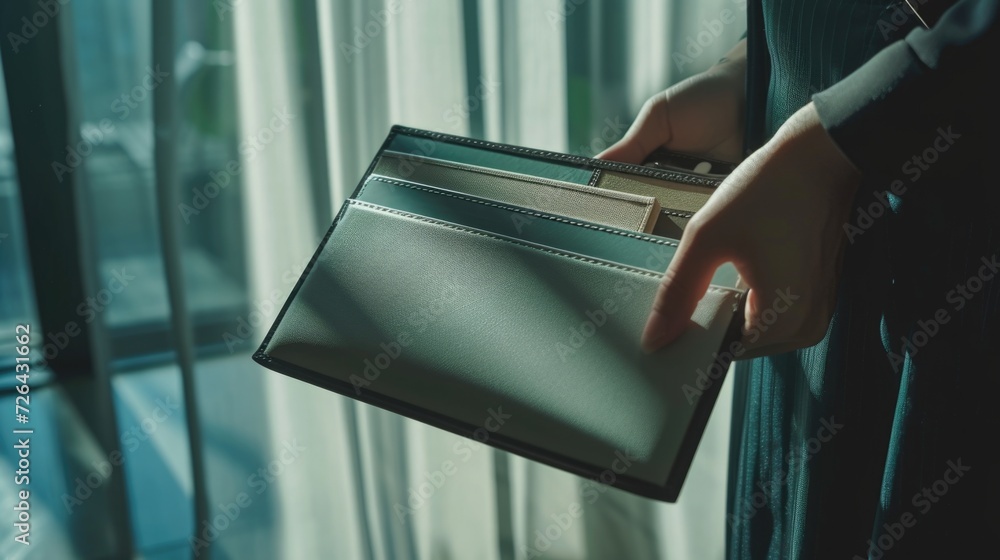 Poster a person holding a wallet near a window, suitable for financial and security concepts