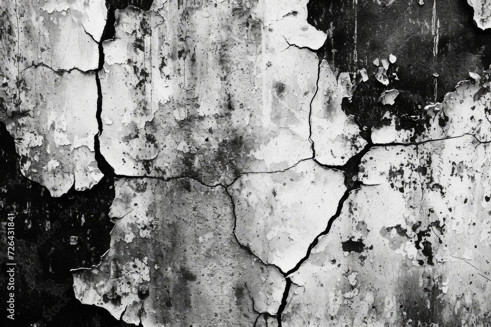 Poster A black and white photo capturing the texture and cracks on a wall. Suitable for various design projects and adding an aged or grungy look