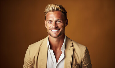 Handsome smiling man with blond hair and a white shirt, wearing a camel-colored blazer against a warm brown background